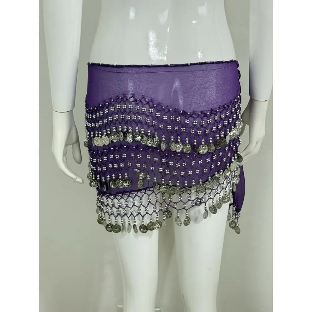 Belly Dance Hip Scarf Coin Belt Purple Chiffon Gold Coins Festival Costume